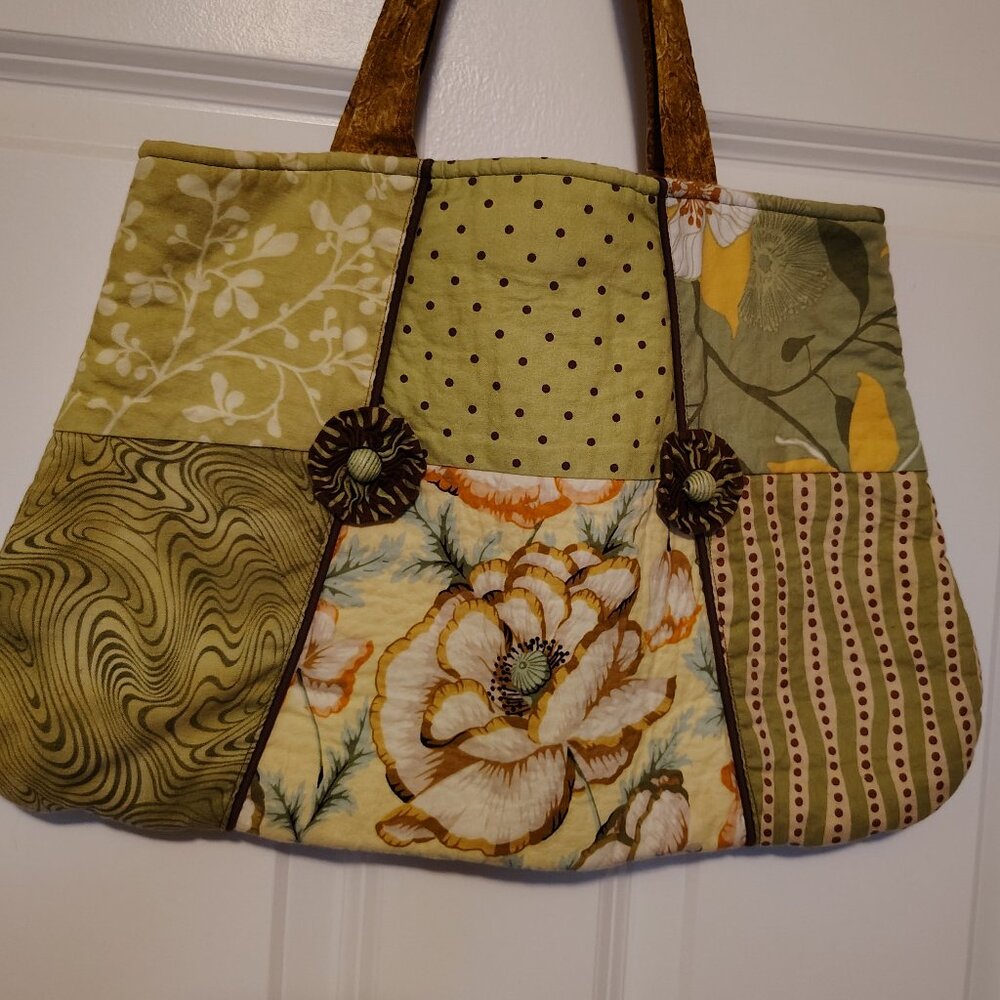 Vintage Patchwork Tote Bag Floral & Paisley Small Yellow Brown Handmade Quilted